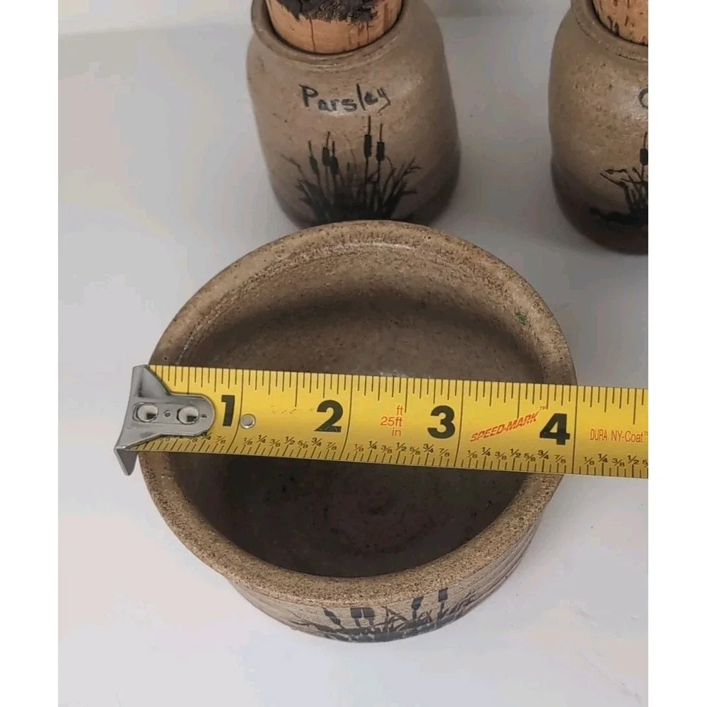 Signed Pottery 3 Spice Jars W/Cork Lids And 2 Bowls Artist P. Francis Vintage